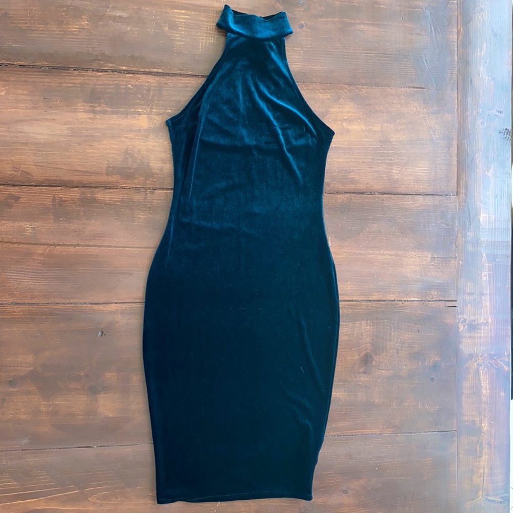 Velvet Bodycon Dress - Teal - Small